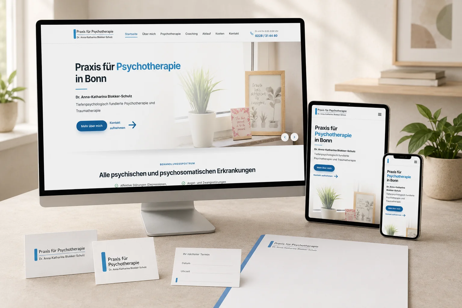 Referenz: Website einer Praxis für Psychotherapie in Bonn auf Monitor, Tablet und Smartphone, dazu Visitenkarten und Terminkarte