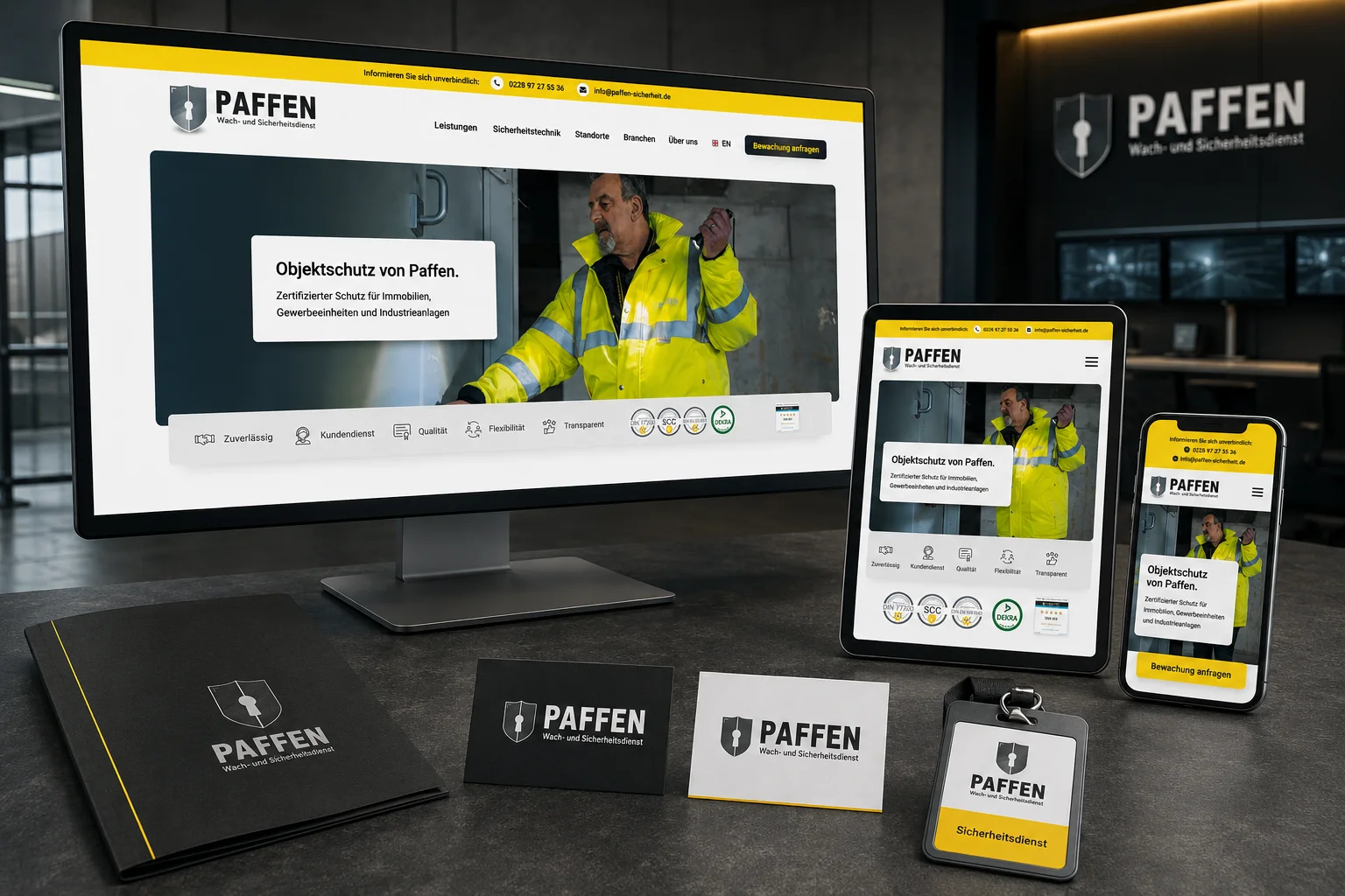 Referenz: Website, Geschäftsausstattung und Mitarbeiterausweis eines Wach- und Sicherheitsdienstes auf Monitor, Tablet und Smartphone